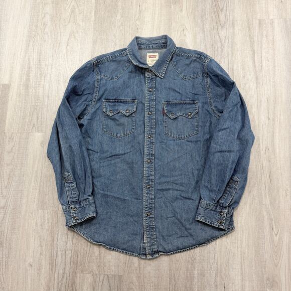 Levis Denim Shirt Mens Large Blue Snap Button Long Sleeve Western Rodeo Workwear - Picture 1 of 9